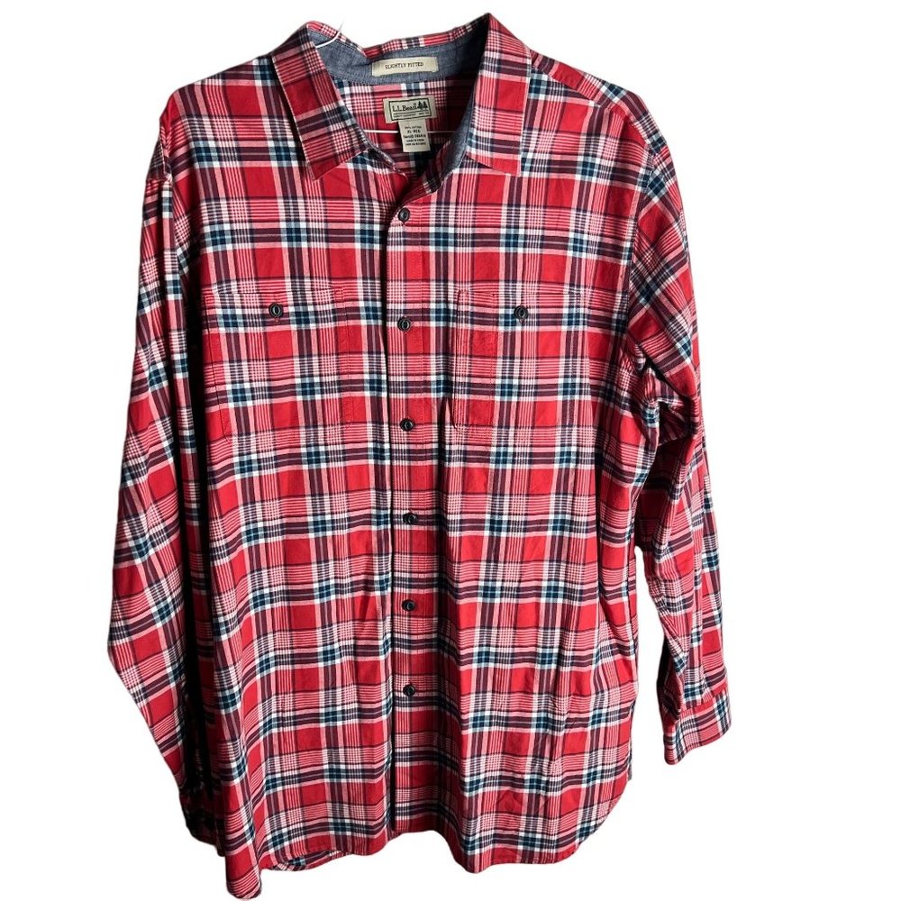 L.L. Bean Mens XL Red Blue Plaid Button Down Slightly Fitted Shirt